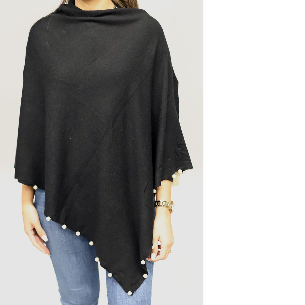 La Fiorentina Lightweight Knitted Poncho with Pearl Trim Border
